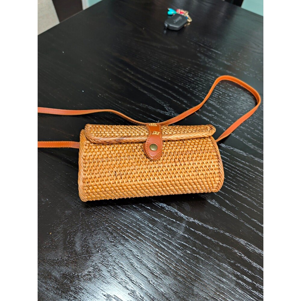 Tan Small Bohemian Crossbody Bag Snap Closure Gold Hardware Multicolor Lining